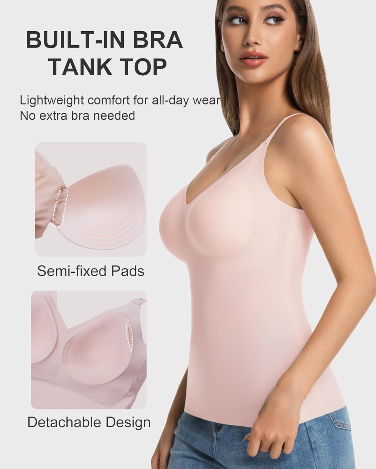 Vinfact V-Neck Lace Seamless Camisoles Tank Tops with Built in Bra for Women Summer Workout Going Out Tankini Camis - Image 4