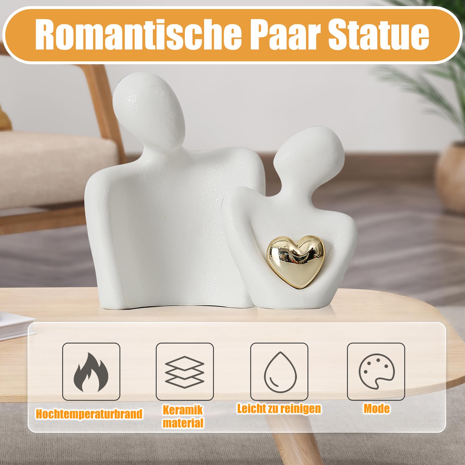 Romantyczna statuetka dla pary, mały regał ornamenty do salonu, figurki, dekoracja pary, biała figurka w kształcie serca, ceramiczna statuetka dla pary, abstrakcyjna statuetka miłości, prezent