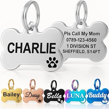 Personalised Dog Tags for Pets UK Prime, Deep Engraved Cat Dog Name ID Tags, Stainless Steel Pet Tag for Doggy Kitten Kitty Puppy, Scratch Resistant Tag Silver Bone, L