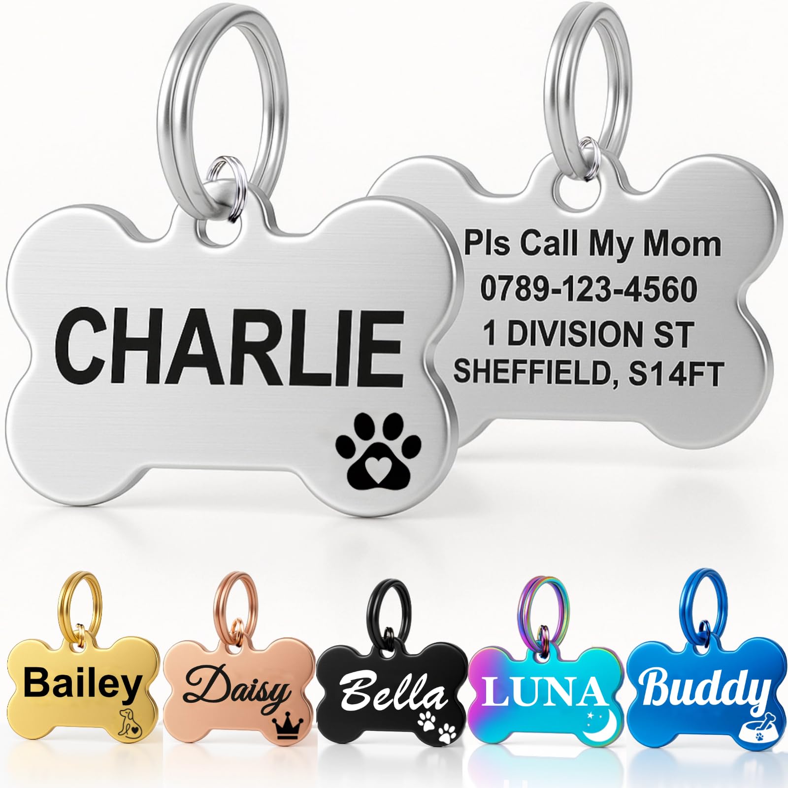 Personalised Dog Tags for Pets UK Prime, Deep Engraved Cat Dog Name ID Tags, Stainless Steel Pet Tag for Doggy Kitten Kitty Puppy, Scratch Resistant Tag (Silver Bone, L)