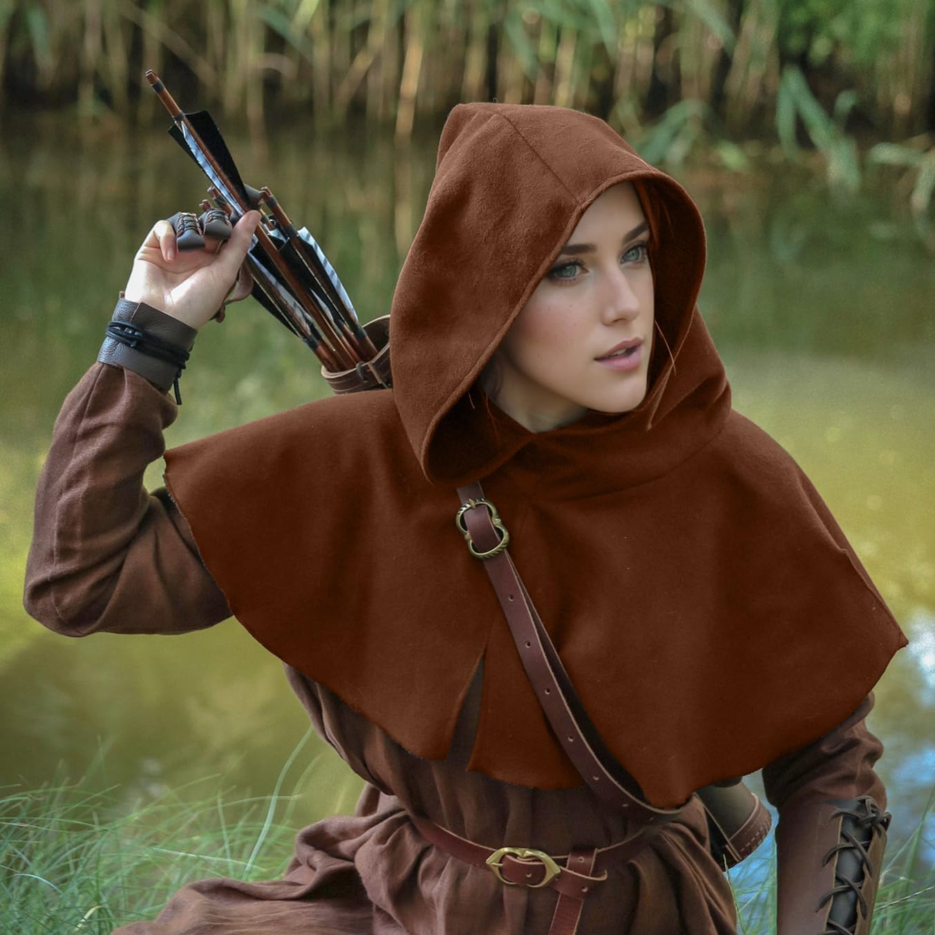 Joukavor Medieval Cowl Hood Renaissance Hood Halloween Short Hooded Cape for Women Men - Image 2