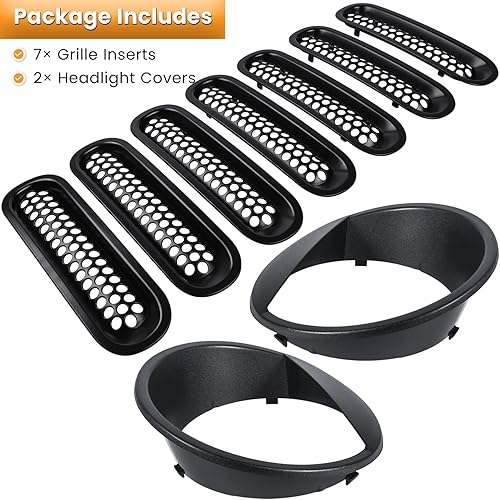 Miniatura 9 de Rejilla frontal y cubierta de faro de malla para Jeep Wrangler JK JKU Sport Freedom Rubicon Sahara Unlimited 2007-2018, accesorios exteriores