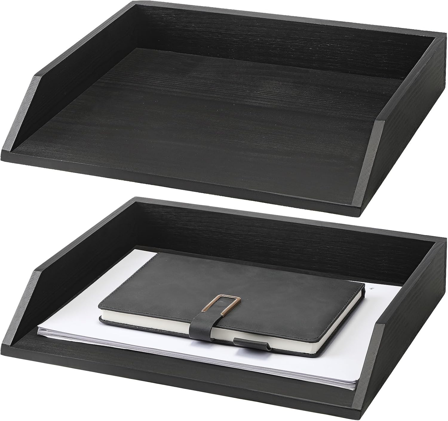 2 Pcs Wooden Letter Tray Wood Letter-Size Desk Organizer Heavy Duty 2 Tier Stackable Support Paper Tray Desktop Drawer File Folder Magazine Office Accessories Back to School(Dark Wood)