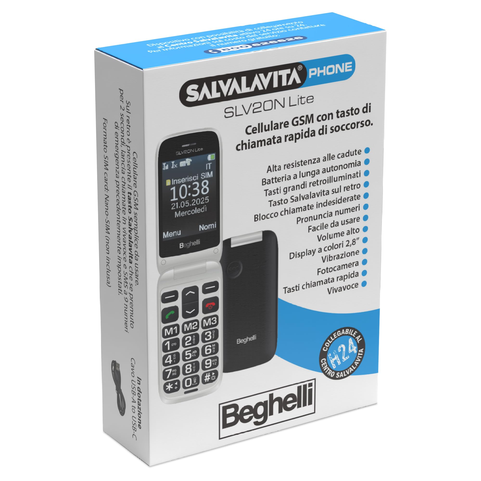 Beghelli Telefono Salvavita per Anziani, Salvalavita Phone SLV20N Lite Ecodesign - Tasti Grandi e Pulsante di Emergenza SOS, Sistema di Allarme per Anziani e Disabili (Colore Grigio)