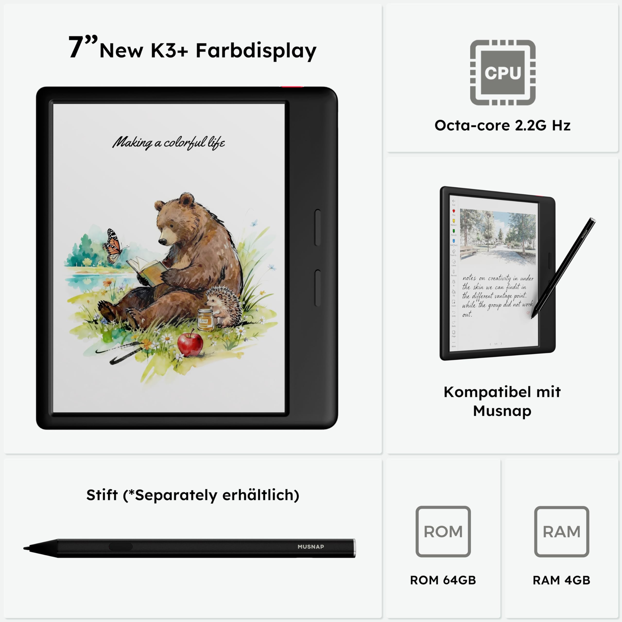 Ocean C 64GB+4GB 17,8 cm (7 Zoll) farbiger E-Ink-Papier-Tablet-eBook-Reader unterstützt Handschrift, mit langer Akkulaufzeit zum Lesen und Schreiben (ohne Musnap-Eingabestift)