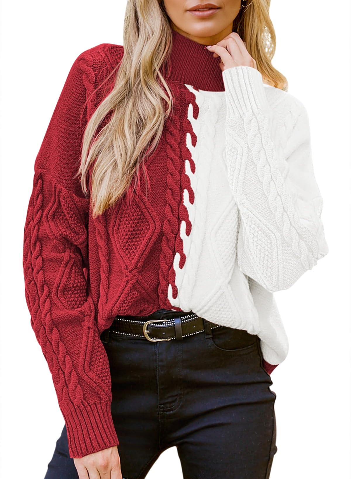 Pink Queen Womens Chunky Sweaters 2025 Fall Winter Long Sleeve Mock Neck Cable Knit Colorblock Pullover Jumper Tops