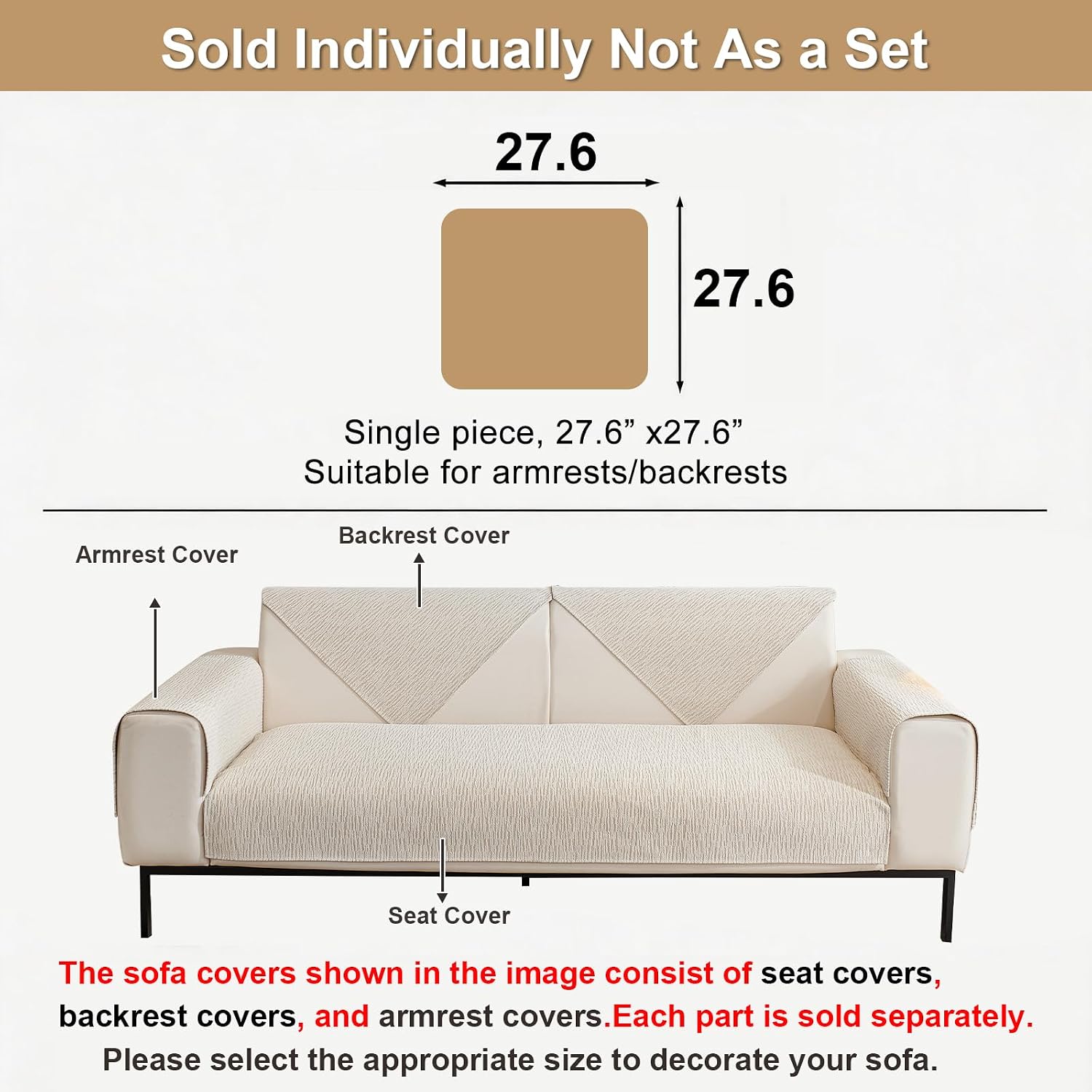 Waterproof Couch Cover, Chenille Sofa Cover Washable, Non Slip Sectional Couch Covers for Armrest and Backrest, Pet Friendly Sofa Slipcovers (White,27.6"x27.6",1PC)