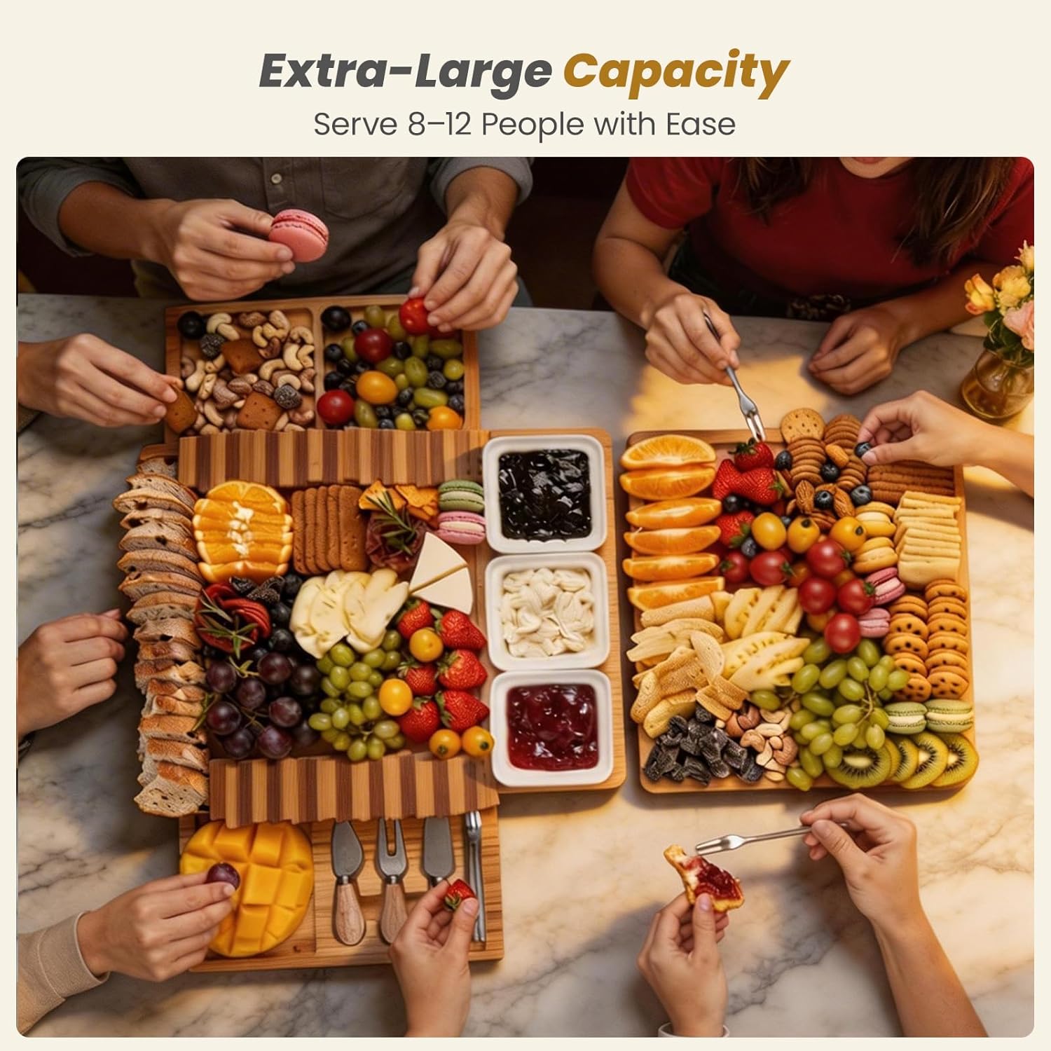 Charcuterie Board with Knife Set, Double-Drawer Cheese Platter, Extra-Large Square Cheese Tray, House Warming Gifts New Home, Carbonized Bamboo