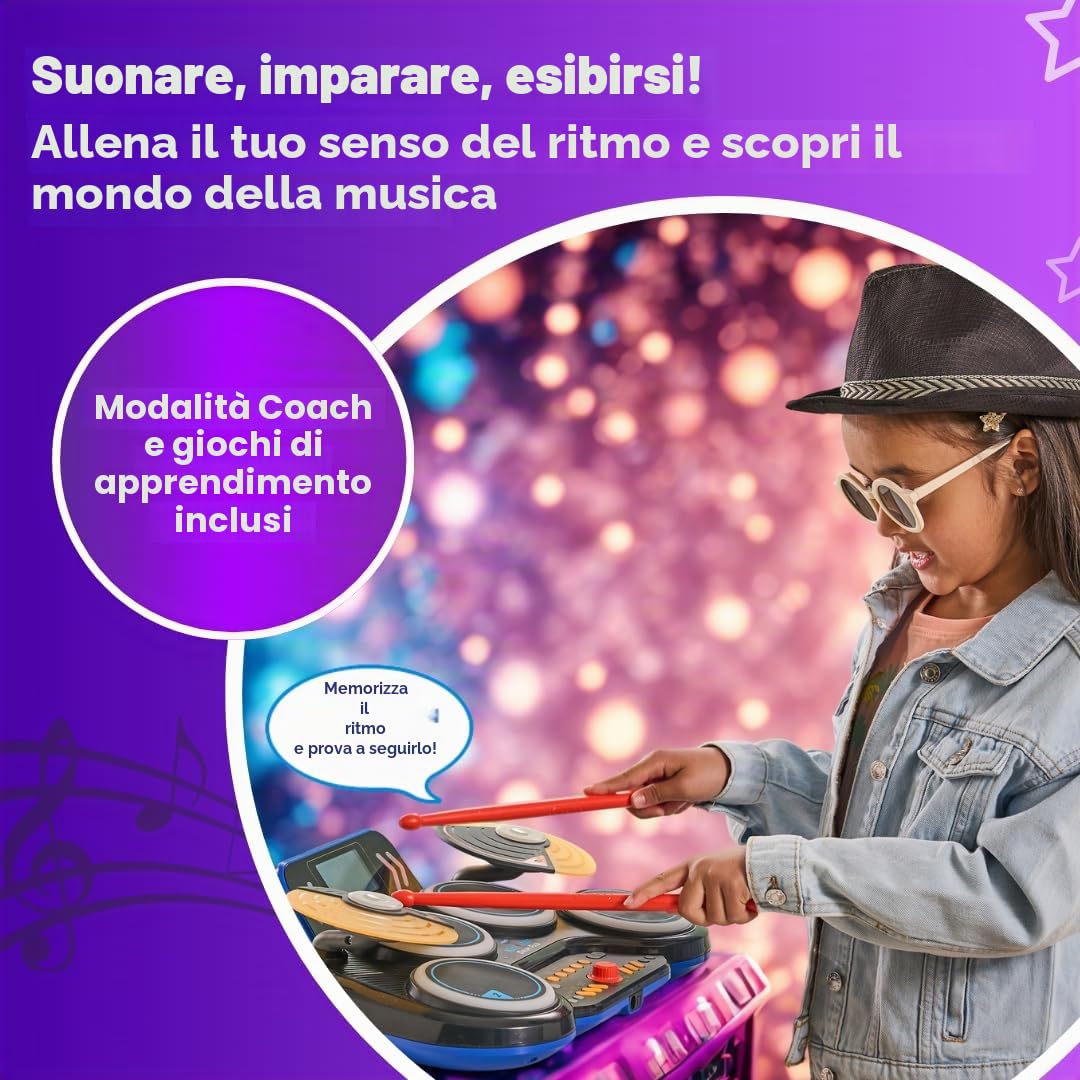VTech Kidi DJ Drums - Batteria elettronica con effetti luminosi e modalità di apprendimento - per bambini dai 6 ai 12 anni - versione tedesca