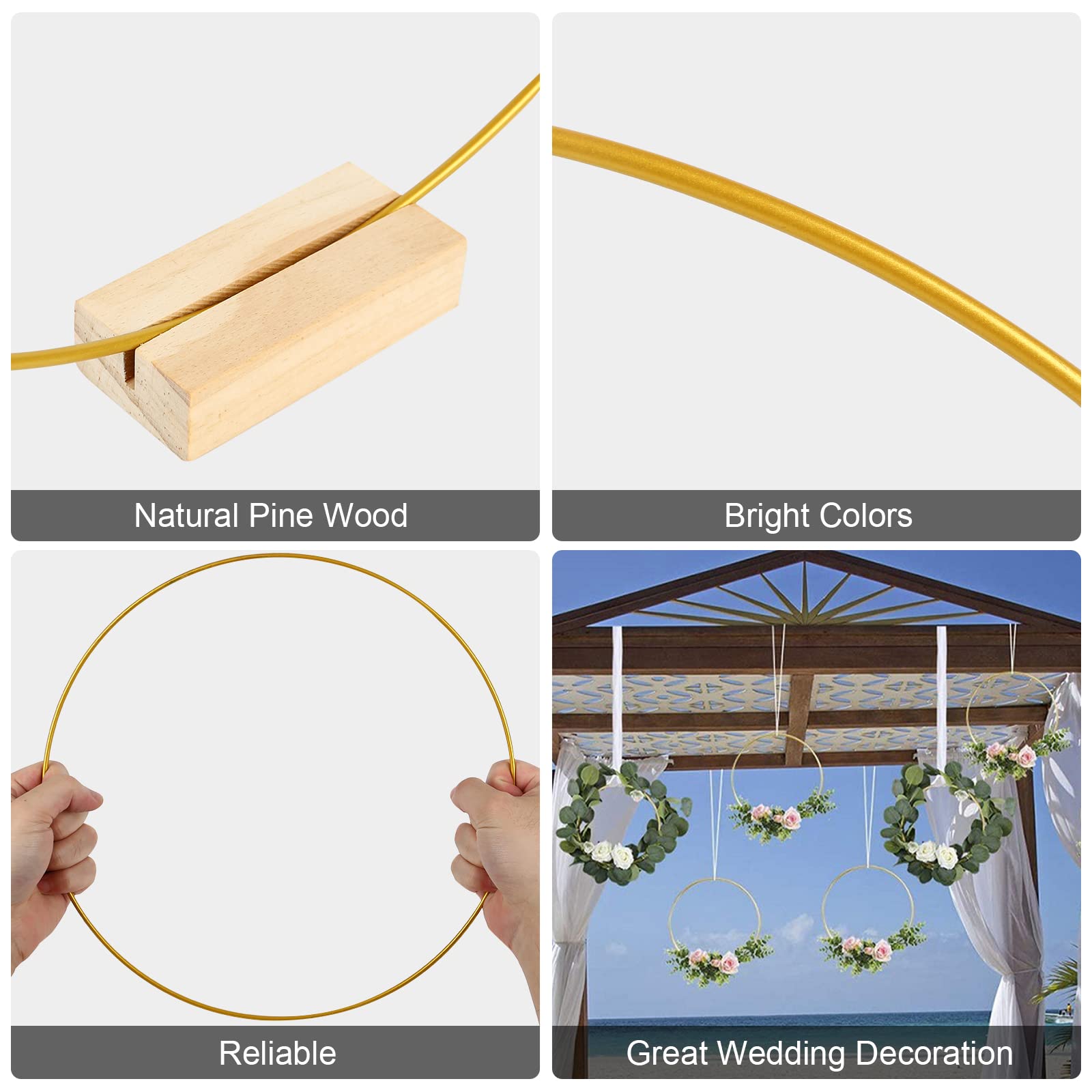 10 aros redondos de flores de metal de 30 cm con 10 soportes hexagonales de madera, anillos decorativos de metal dorado con soporte de madera, para manualidades, bodas, decoración de mesa y