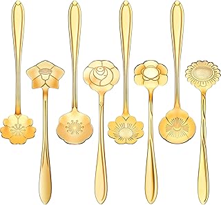 8 Pieces Flower Spoon Coffee Teaspoon Set Stainless Steel Tableware Creative Sugar Spoon Tea Spoon Stir Bar Spoon Stirring Spoon, 8 Different Patterns (Gold)