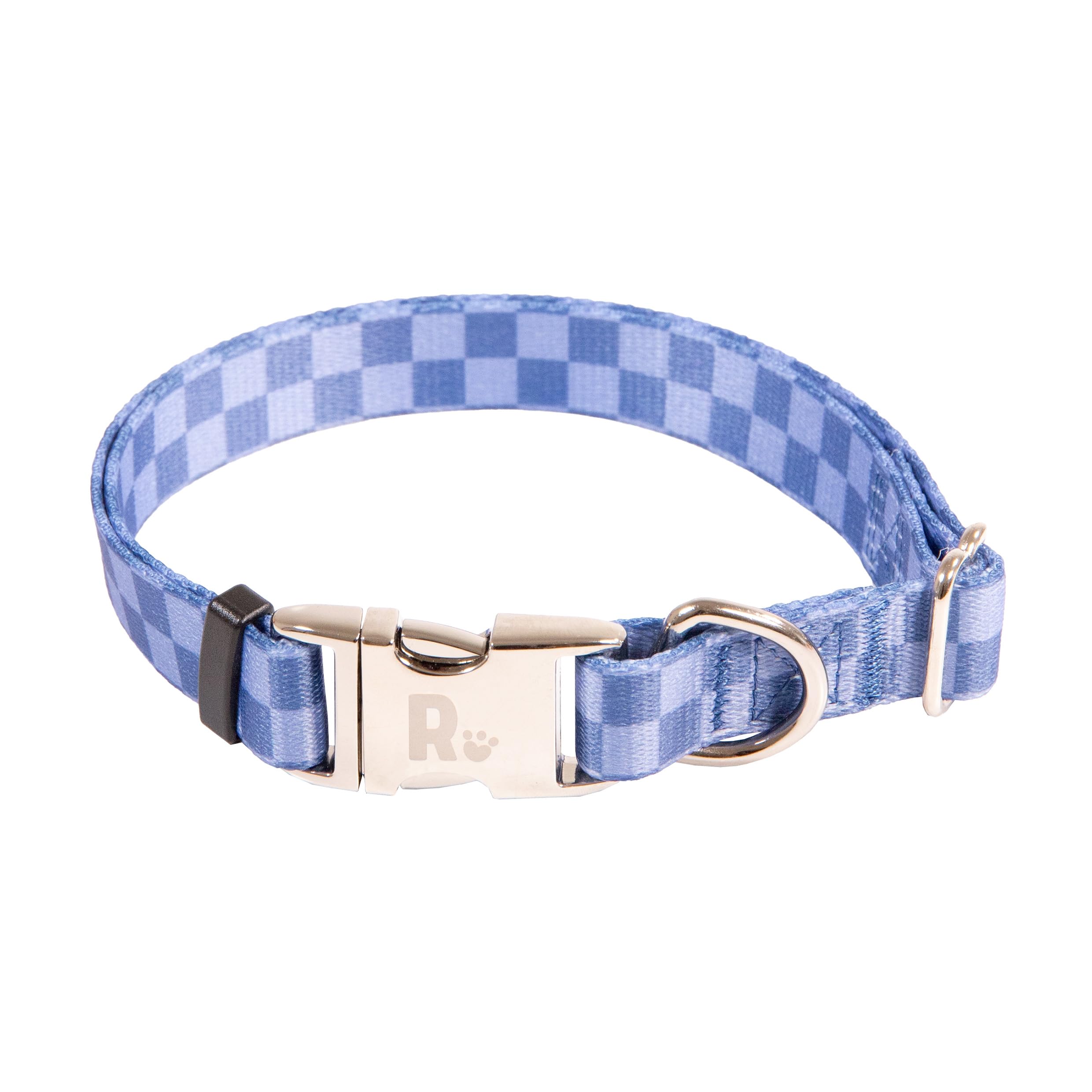 Rosewood Blue Checkerboard Dog Collar – Adjustable Pet Collar for Small, Medium, Large Dogs – Stylish, Durable Collar with Metal Hardware – 14-20"