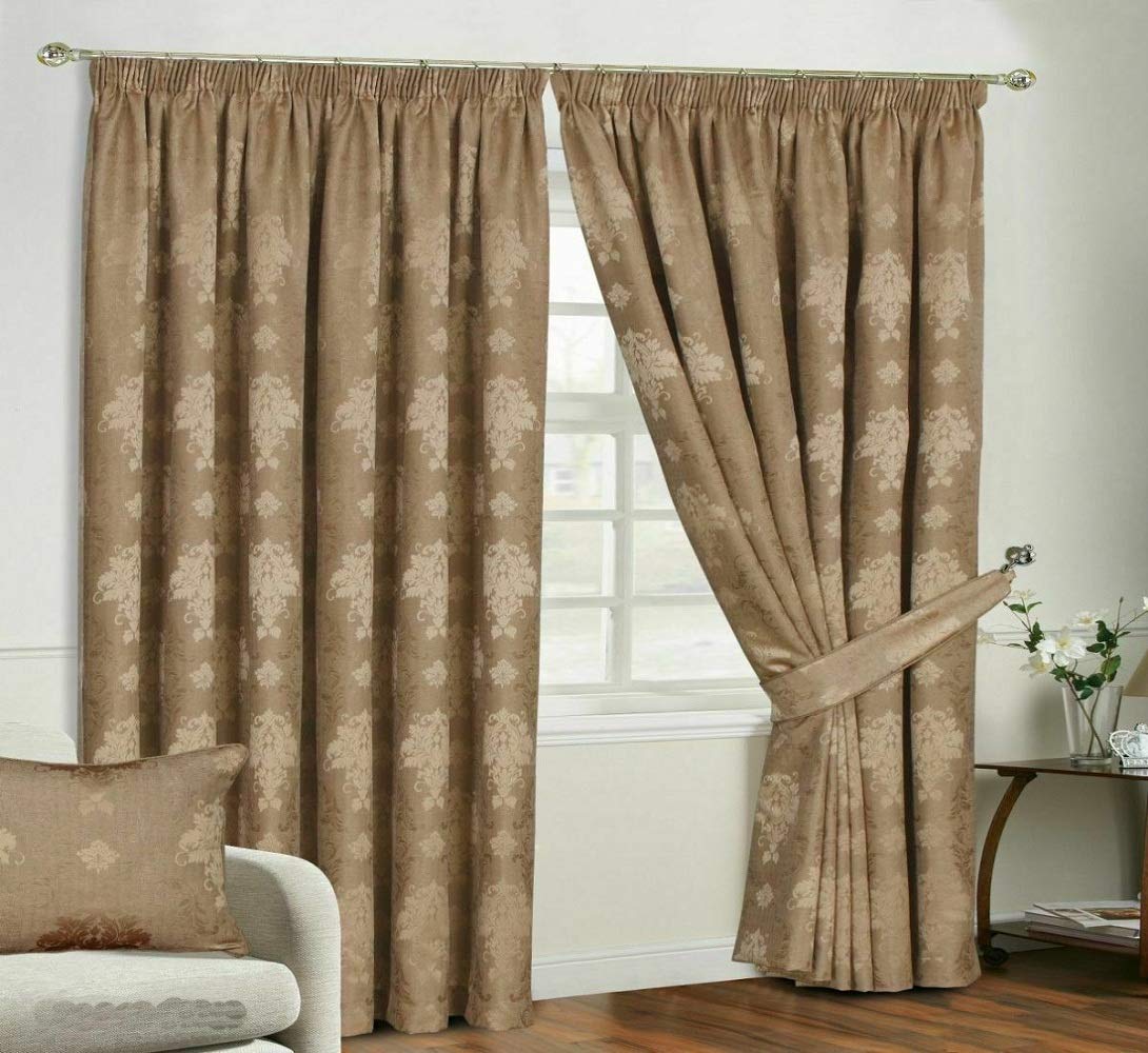 Householdfurnishing Redy Made Luxury Jacquard Fully Lined Curtain Pair Pencil Pleat With Free Tie Backs (Coffee Curtain, 90" x L 72")