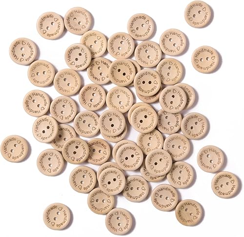 100 botones de madera de 34 pulgadas para manualidades, 2 agujeros, forma redonda, de madera, hechos a mano, con botones de amor, botones de madera