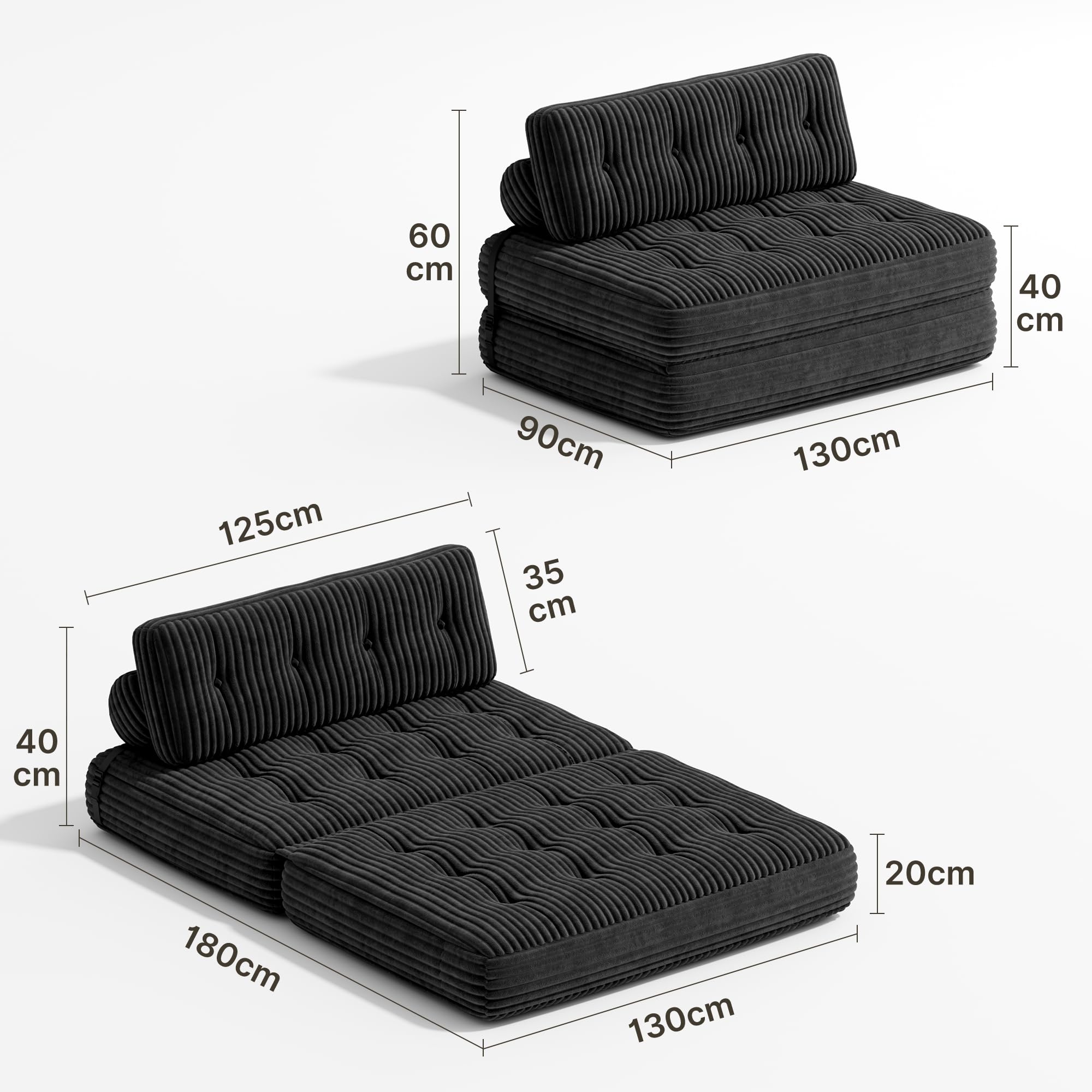 Xbro Divano Letto Matrimoniale 2 Posti 200x130 cm Pieghevole Salvaspazio in Velluto a Coste con Poggiatesta, Compatto per Soggiorno e Ospiti, Grigio Scuro