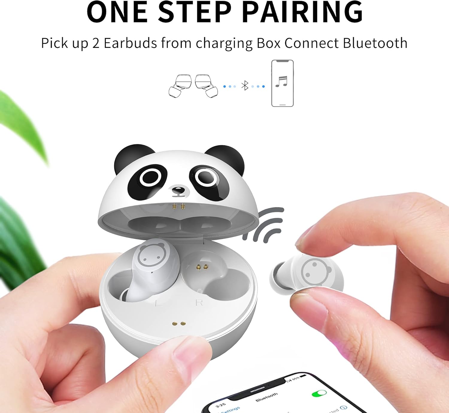 Diagram illustrating one-step pairing: taking earbuds from the panda charging case automatically connects them to a phone via Bluetooth.