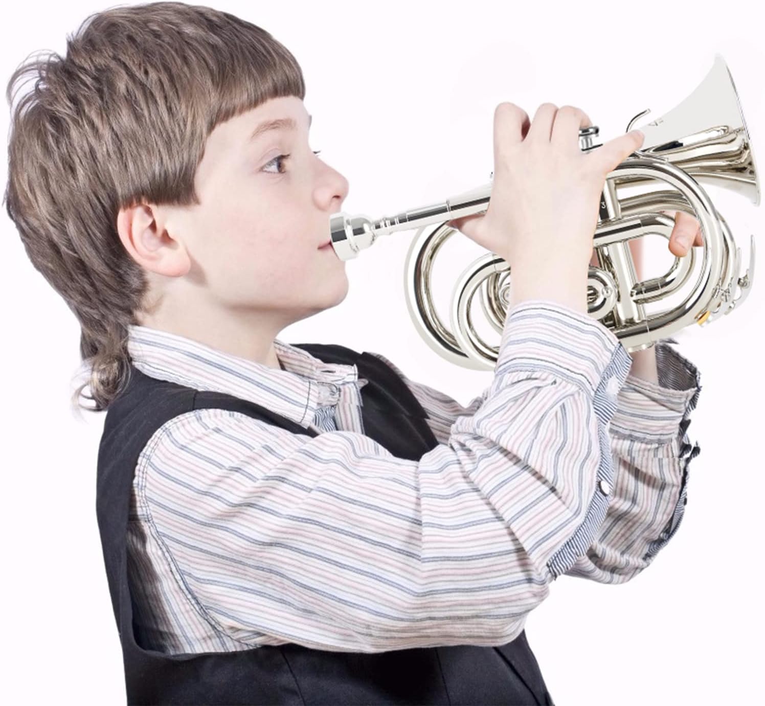EastRock Pocket Trumpet Brass Bb Nickel Plated Trumpet with 7 C Mouthpiece, Hard Case, Strap, White Gloves, Cleaning Kit for Students and Beginners