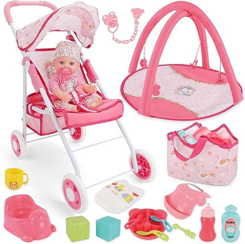 deAO Juego de cochecito de muñeca de bebé con muñecas de bebé de 12 pulgadas, juego de 17 piezas de accesorios para muñecas de bebé con tapete de