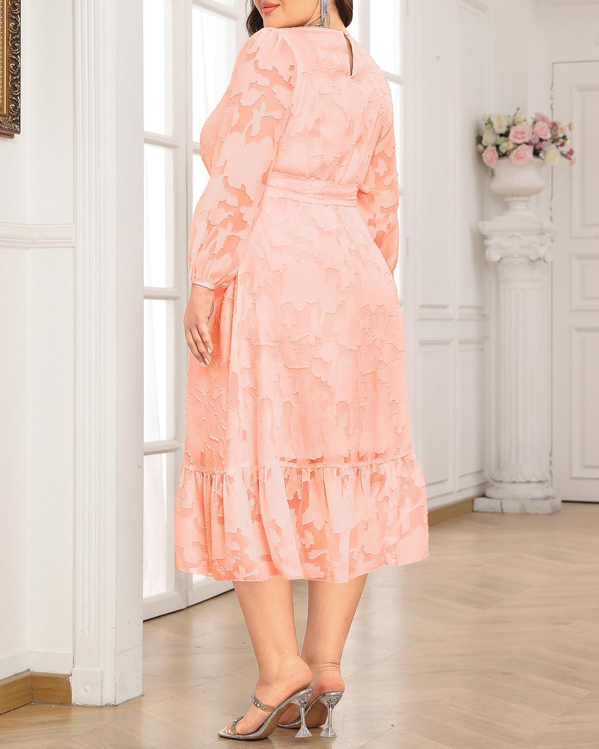 Holipick Women Semi Formal Dresses Plus Size Swiss Dot Long Sleeves Belted A-Line Midi Wedding Guest Spring Fall Dress - Image 5