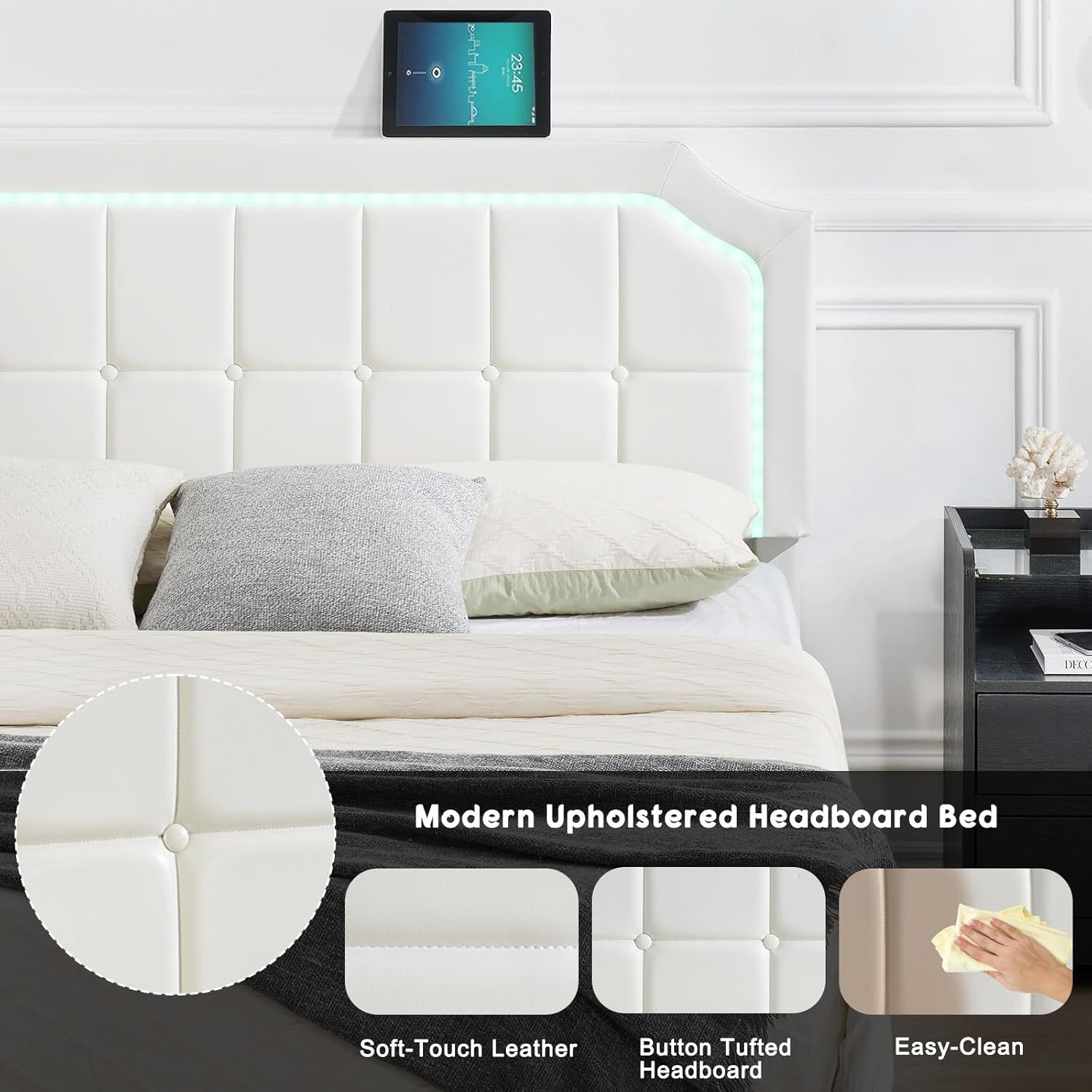 Close-up of the Garvee bed frame's upholstered headboard, highlighting its soft-touch leather texture, button-tufted design, and easy-clean properties.