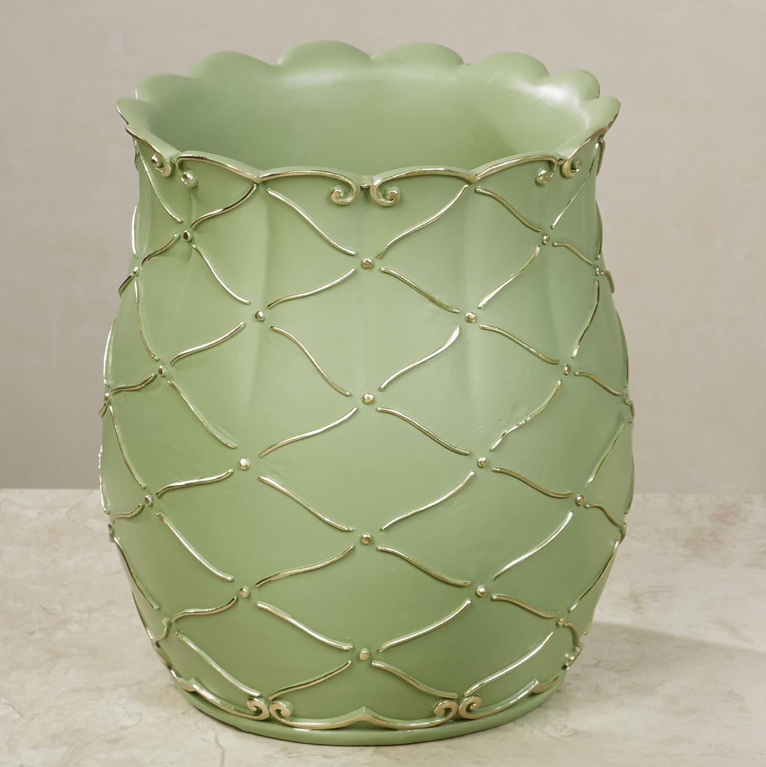 Touch of Class Angelitta Green Decorative Wastebasket | Handpainted Resin Trash Can with Gold Accents, Diamond Lattice & Scroll Motifs | Elegant Classic Home Decor Accent | 9" Dia. x 10" H