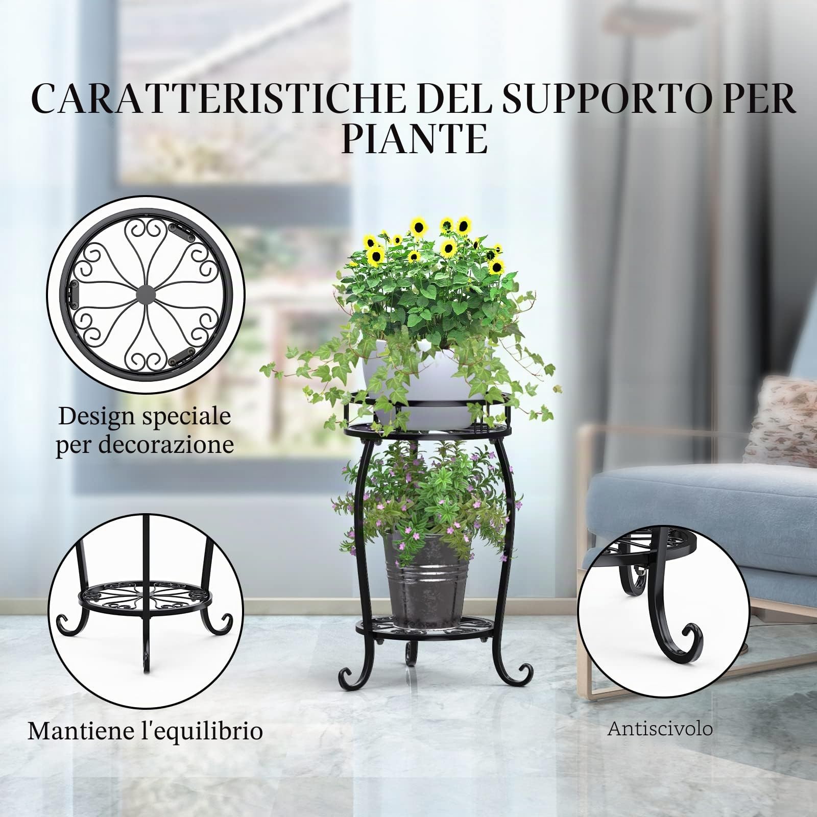 STLOVe- Supporto per Piante in Metallo, Confezione da 2 Ripiani, Supporto per Vasi da Fiori a 2 Iivelli, Mensola per Piante in Ferro moderno, per interni ed esterni, per fioriere angolari, giardino