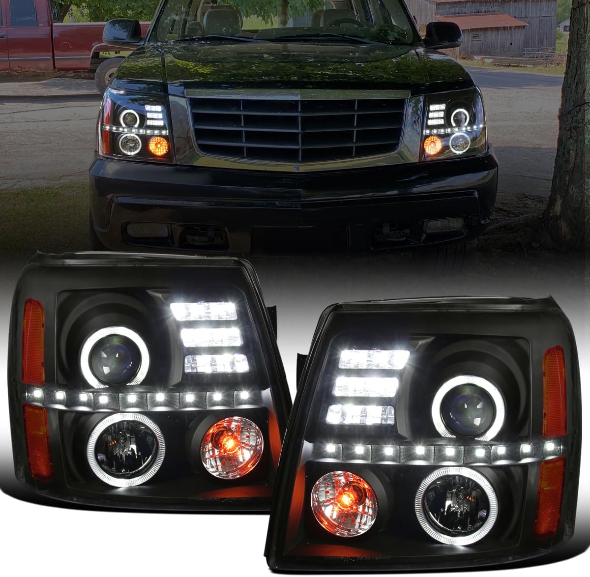 Ronnin - Fits 2002-2006 Cadillac Escalade Upgraded Replacement LED Dual Angel Eyes Halogen Projector Headlights Assembly Pair | Black Smoke