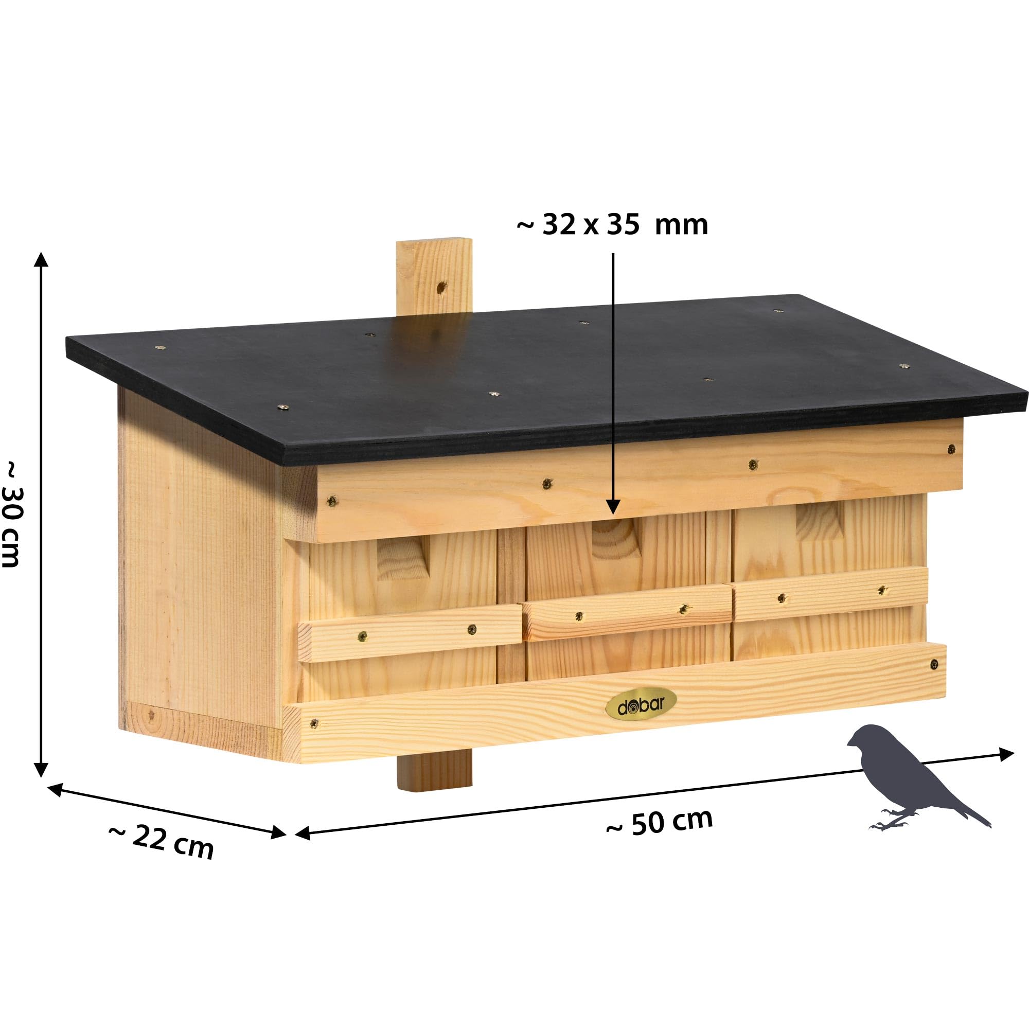 dobar® Specjalna budka lęgowa dla wróbli – 3 w 1 z drewna z wodoodpornym płaskim dachem na wróble – z klapkami czyszczącymi – sosna – 50 x 22 x 30 cm – ciemnobrązowa
