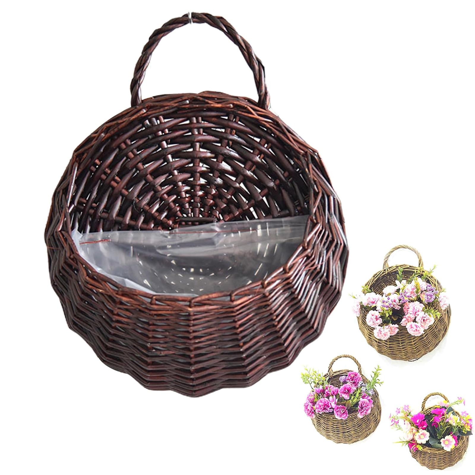 Handmade Woven Hanging Basket Wall Hanging Flower Pot Wicker Weaving Flower Pot Natural Wicker Handmake Storage Basket for Home Garden Wedding Wall Decorations (Coffee, L)