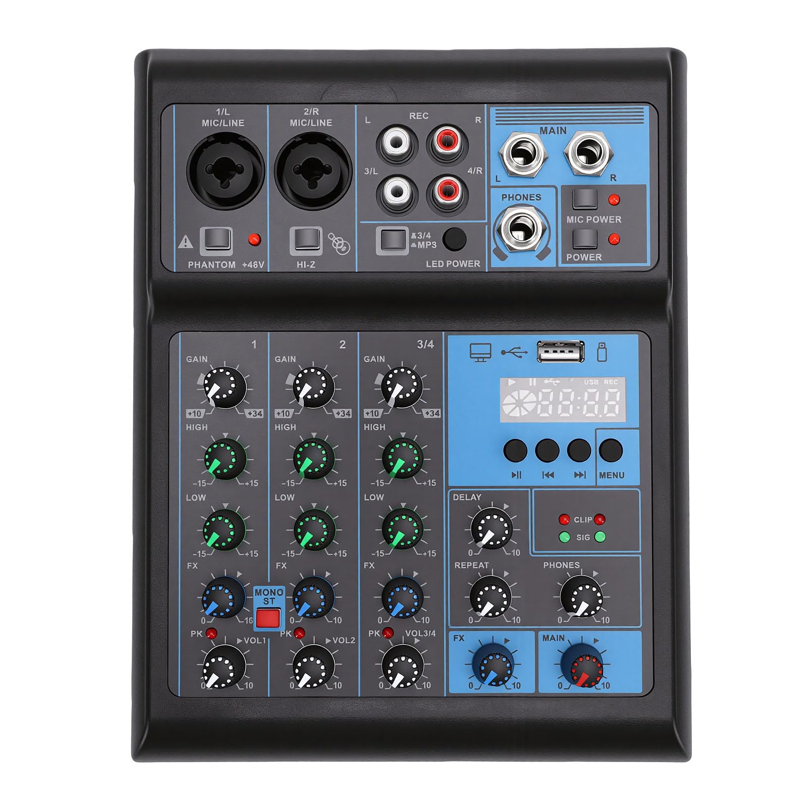 Mixer a 4, Mixer Professionale con Doppio Microfono Wireless UHF, MP3 Bluetooth Integrato, Alimentazione 48 V, Porta USB Mixing DJ RGB per Feste Karaoke a Casa