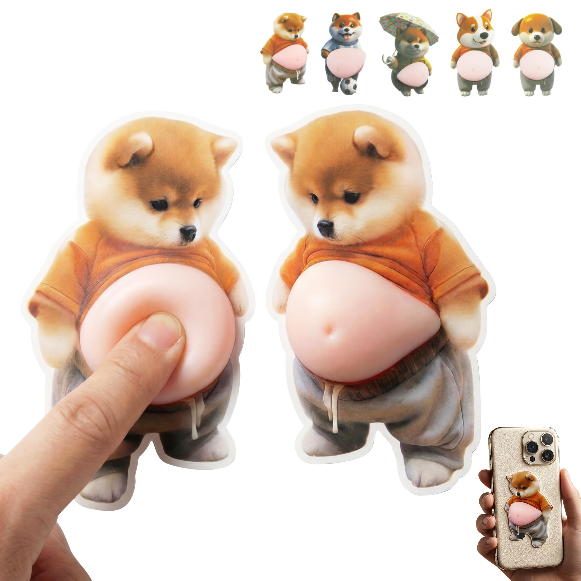 デブ犬 ぷにぷにシール 3Dお腹 【5枚セット】 マシュマロ触感 かわいい スクイーズ ステッカー ストレス解消 携帯電話 手帳 デコレーション用 ふわふわ もちもち 癒しグッズ ギフト