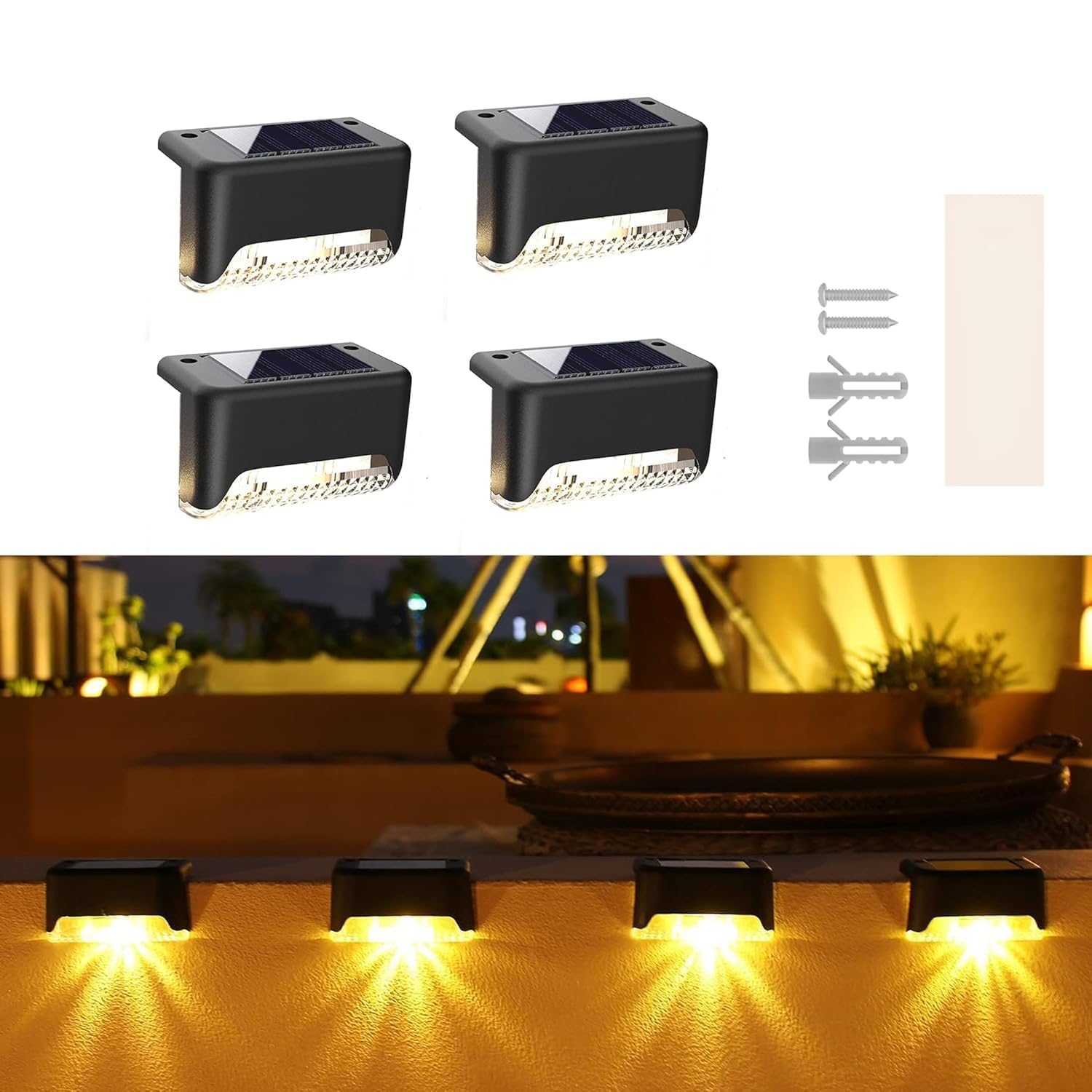 TECH LOGO ELECTRONICS Solar Deck Lights Solar Step Lights Outdoor Waterproof Led Solar Fence Lamp for Patio, Stairs,Garden Pathway, Step and Fences (Warm White) (4) 1