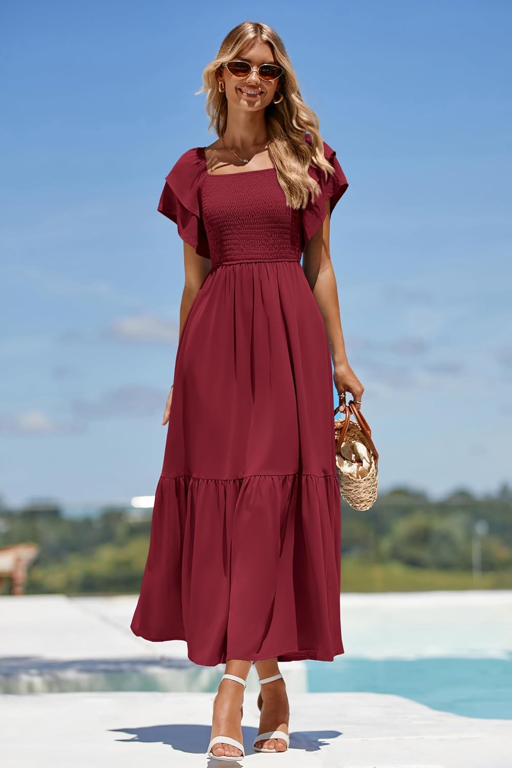 MASCOMODA Womens Summer Casual Midi Dress Square Neck Ruffle Short Sleeve Smocked High Waist A Line Wedding Guest Dresses - Image 4