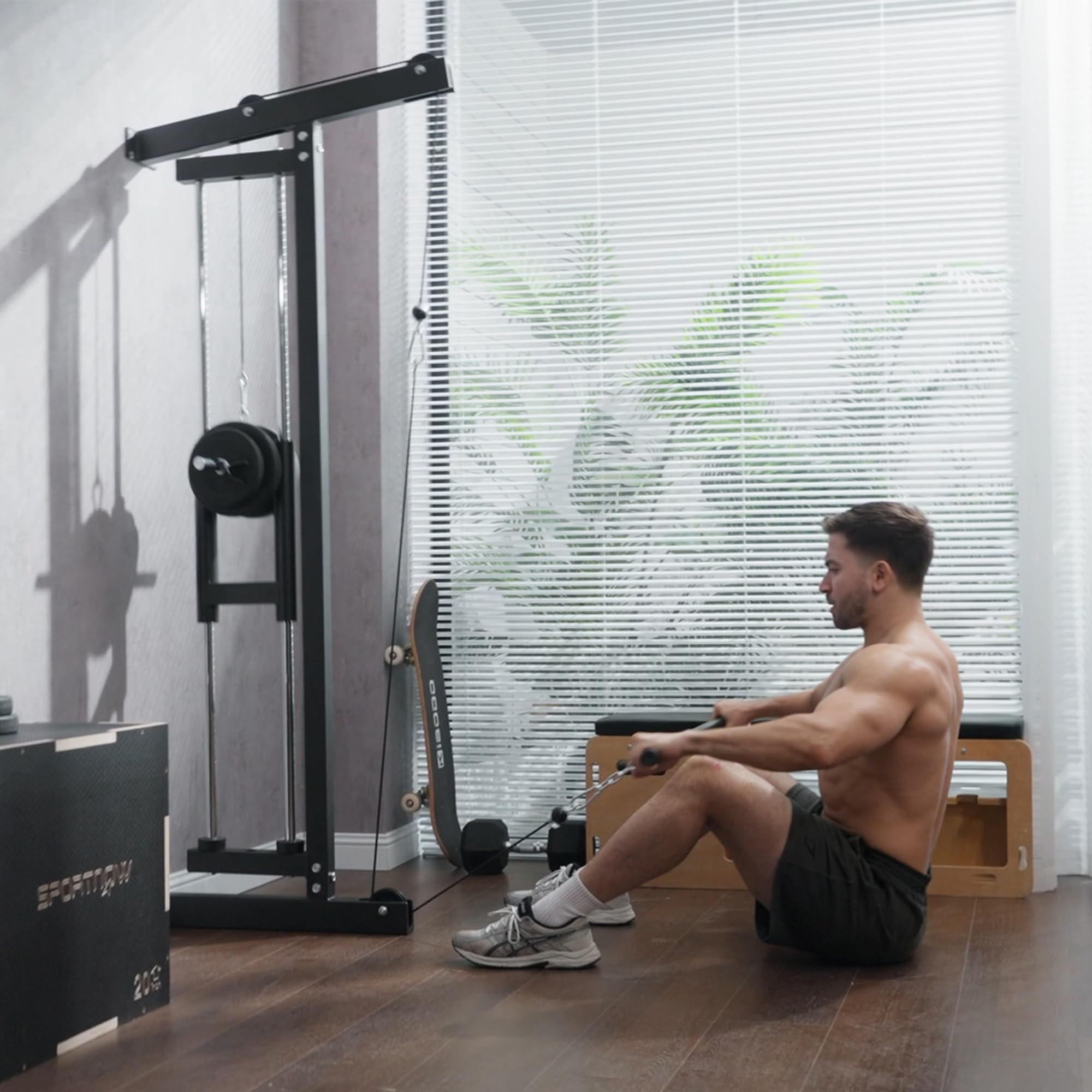 SPORTNOW Appareil de musculation mural, station de traction, station de musculation multifonction, poulie haute et basse, 2 poulies, barre de traction entraînement domicile, fitness, gym, maison, noir
