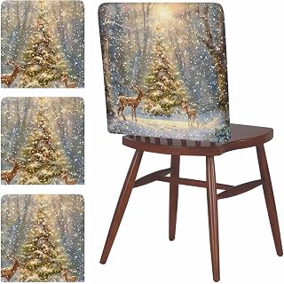 Christmas Cute Deer Elk Xmas Tree Dining Chair Cover Set of 4,Removable Chair Back Covers Winter Snowing Forest Washable Kitchen Chairs Slipcover for Home Dining Room Office Hotel