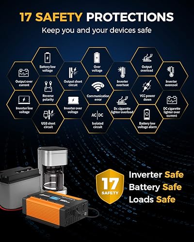 Miniatura 2 de Ampeak Inversor de corriente de 1500 W, puertos USB de 6.2 A, 3 salidas de CA, inversor de 12 V a 110 V, 16 protecciones seguras con puerto de