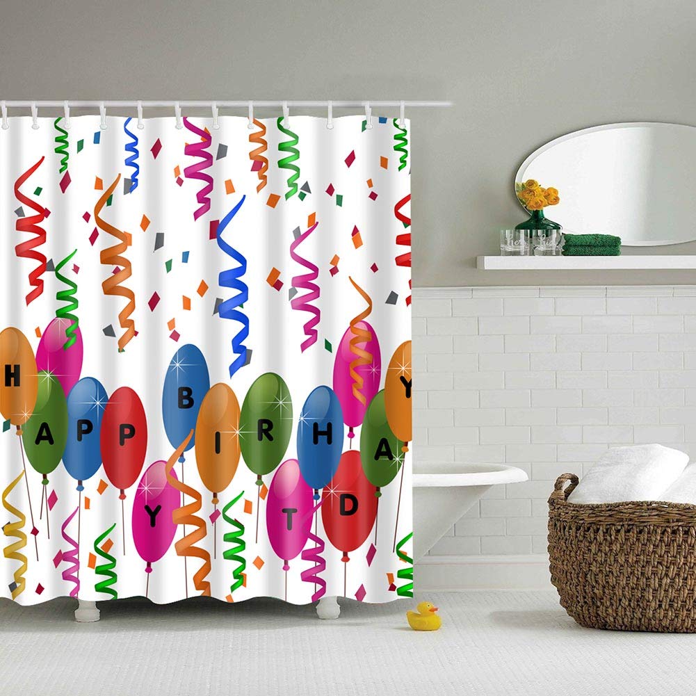 BOYOUTH Colorful Balloons Printed on Happy Birthday Words Pattern Digital Print White Shower Curtains for Bathroom Decor,Polyester Waterproof Fabric Bath Curtain with 12 Hooks,70x70 Inches,Multicolor โ image 1