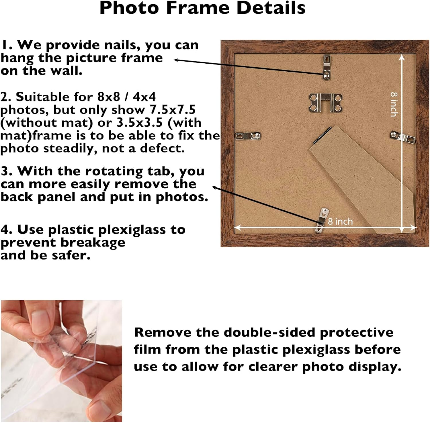 JCJMY 8x8 Picture Frame Set of 6 for Wall Hanging or Tabletop, Display 4 x 4 with Mat or 8 x 8 without Mat, Wood Square Photo Frames Bulk, 6 Pack, Deep Brown