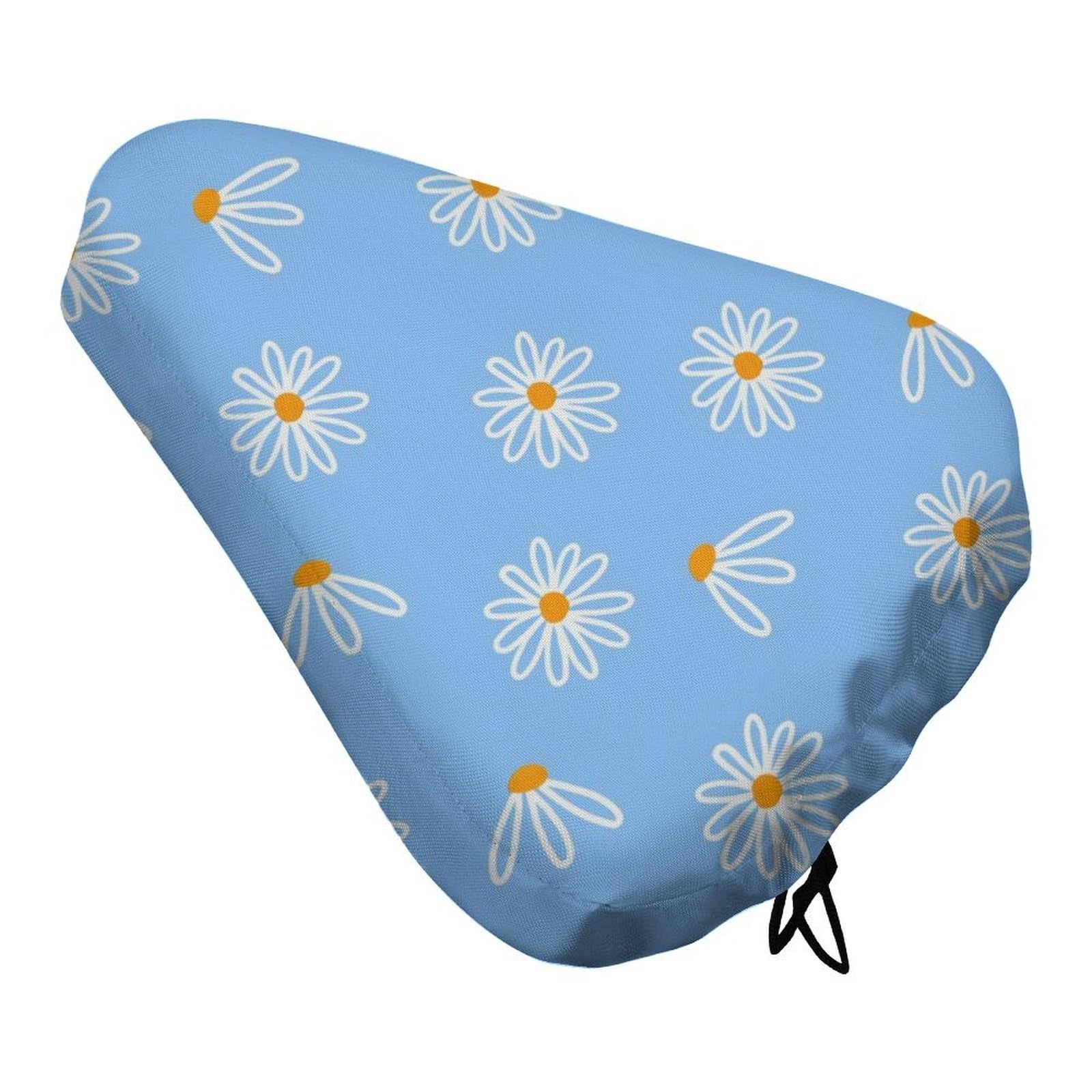 Treer Bike Seat Cushion Covers Waterproof, Daisy Outdoor Bicycle Saddle Rain Dust Cover with Elastic, Non-Slip Bicycle Seat Protector Shield for Journey and Travel (Blue flower,4PCS)