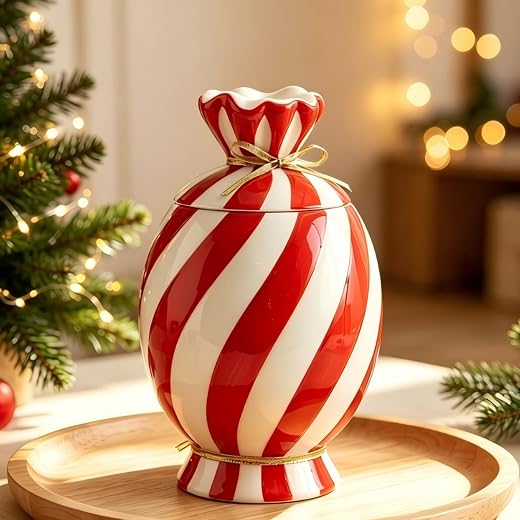 DIF DECO Christmas Ceramic Food Storage Jars with Lid, 24.7 OZ Hand printed Xmas Candy Jar Coffee Cookie Container for Snacks, Sugar Containers, Tea, Spice, Cereal, Nut - 700ml