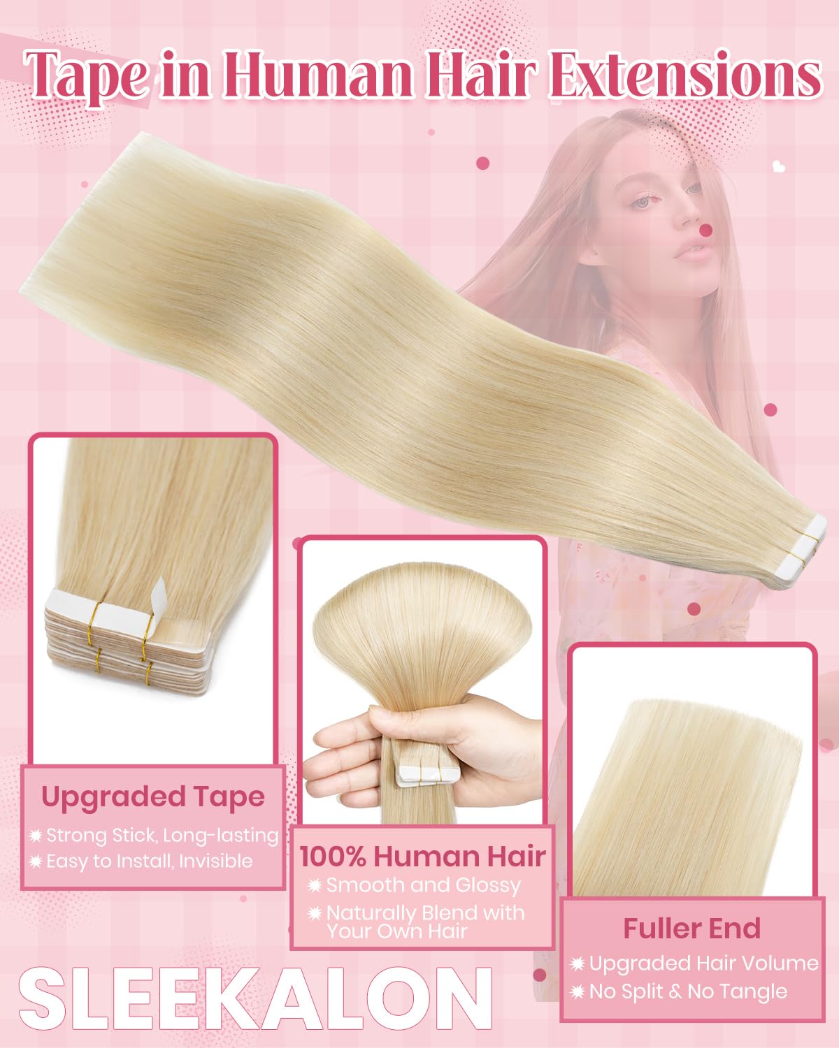 SLEEKALON Invisible Tape in Hair Extensions Real Human Hair 20 Pcs Thinned Version #613 Bleach Blonde - Image 4