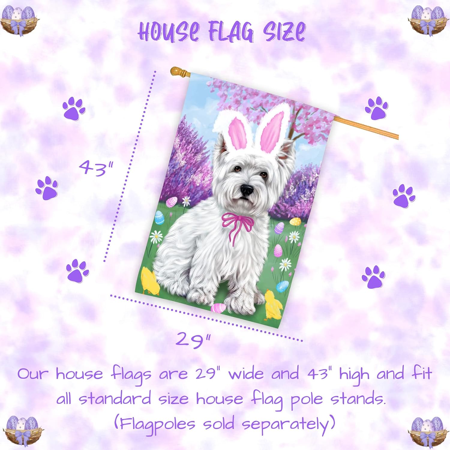 Easter Holiday West Highland Terrier Dog House Flag - Outdoor Double Sided Pet Portrait Weather Resistant Premium Quality Home Decorative Flags - 100% Polyester 29"w x 43"h, HFLG49829