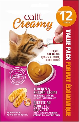 Catit Golosina cremosa para gatos, tratamiento saludable para gatos, pollo y camarones, paquete de 12, 0.5 onzas (paquete de 12)