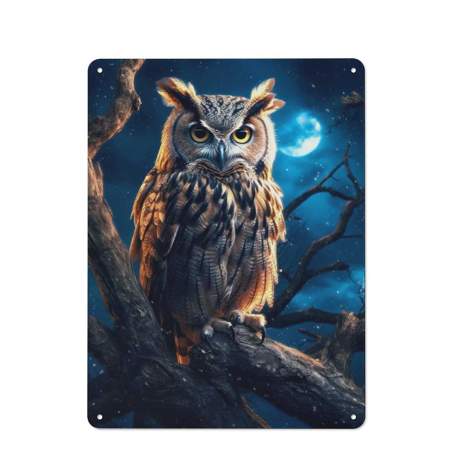 Nostalgic Decorative Tin Plaque 40x30cm Featuring Owl in The Woods at Night, Classic Pub Decor for Cafe, Pub, Workshop Or Home Bar