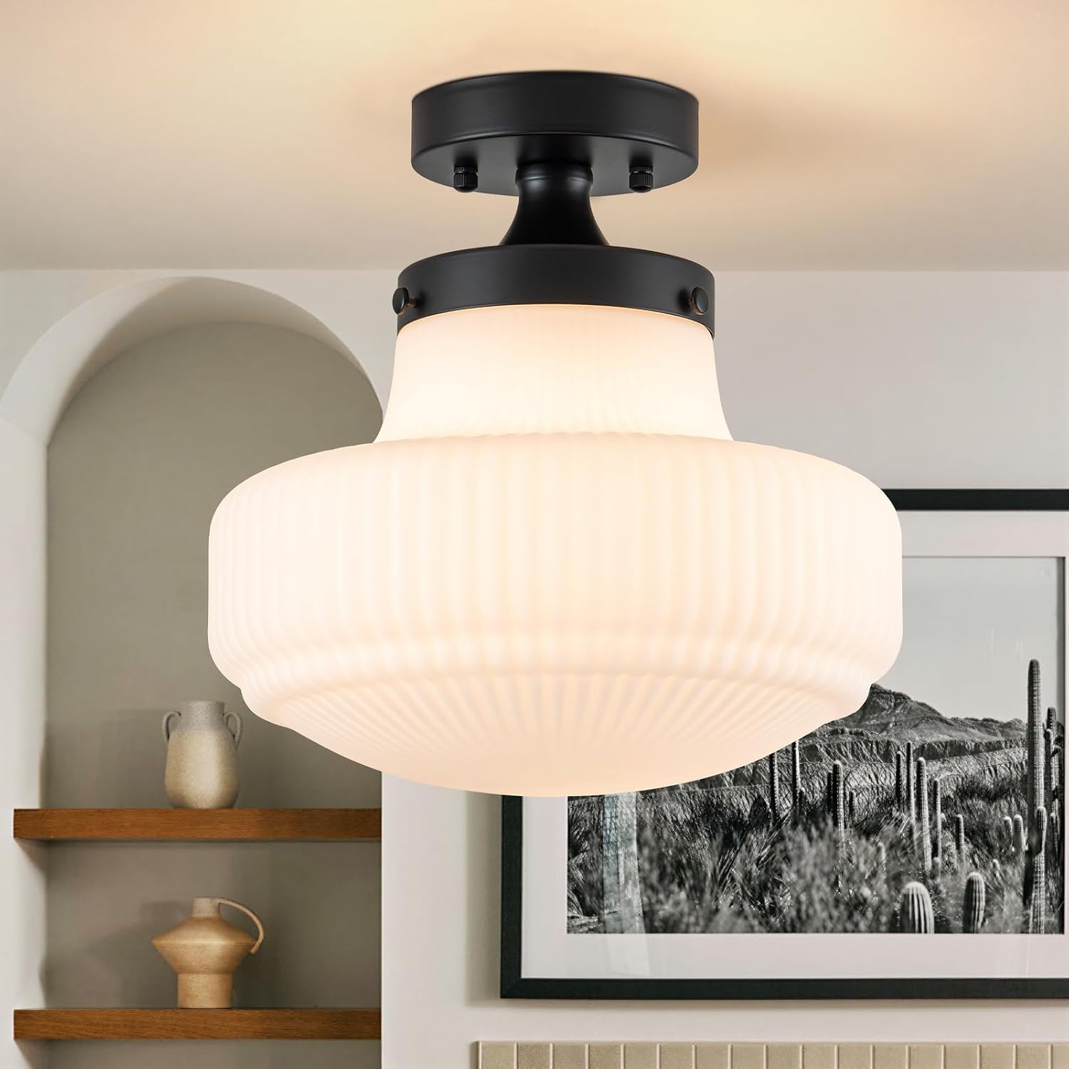 Milk Glass Ceiling Light Fixture 11" Schoolhouse Lights Fixtures Modern Black Semi Flush Mount Ceiling Light for Hallway Bedroom Bathroom Kitchen Foyer