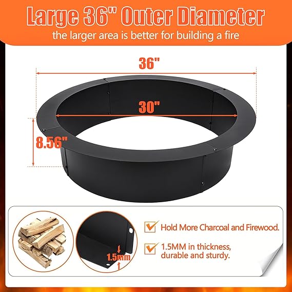 QuliMetal 36-Inch Steel Fire Pit Ring Insert, DIY Campfire Ring Above or In-Ground, Black