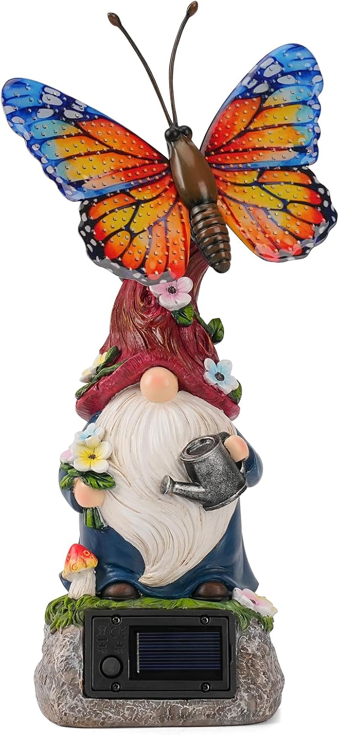 Garden Gnome Statues Solar-Powered Butterfly Resin Figurine Waterproof Outdoor Decor Mother's Day Orange