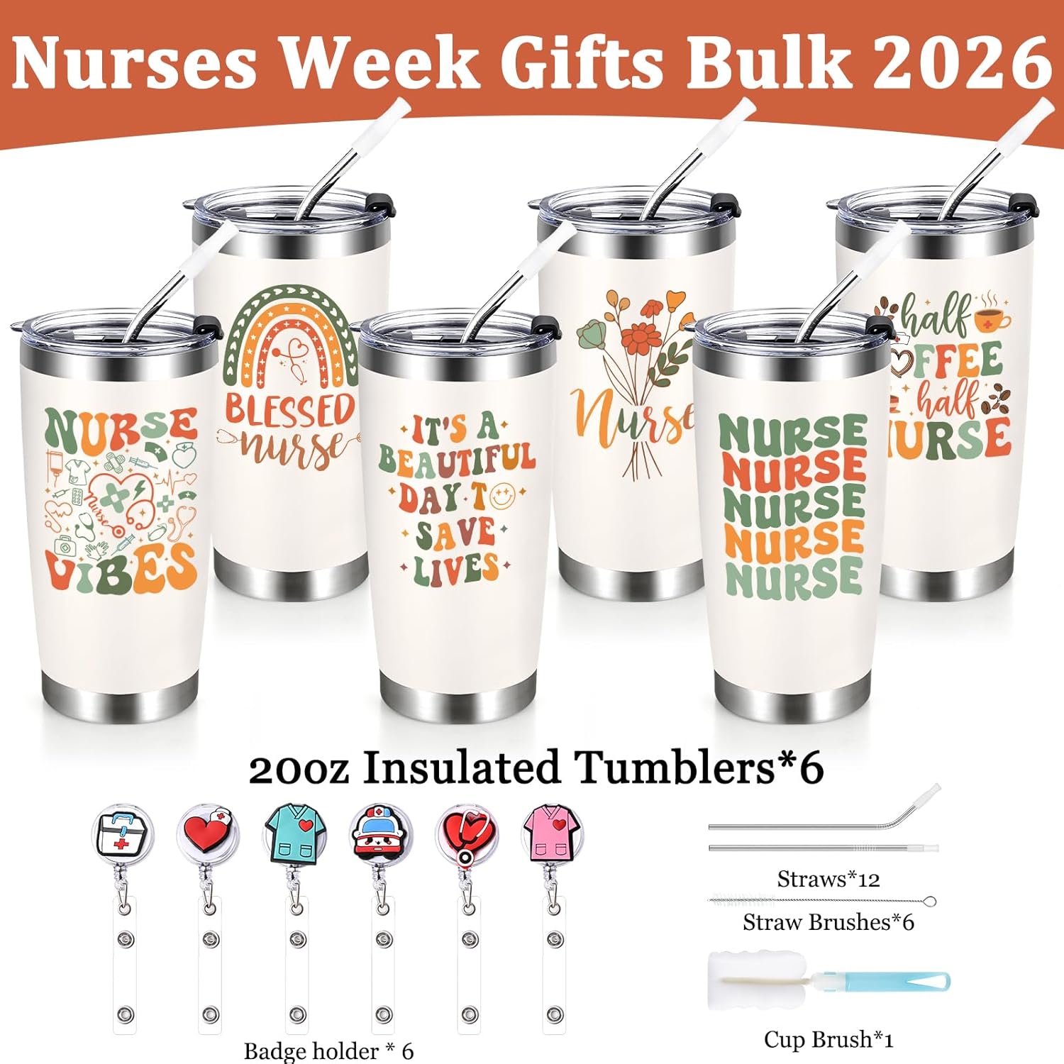 Qtencas Nurses Week Gifts Bulk 2026, Nurse Gifts Bulk, 6 Pcs Nurse Appreciation Gift Set for Women Men, 20 Oz Insulated Tumblers with Badge Clips, Nurses Graduation Gift for Nursing Student