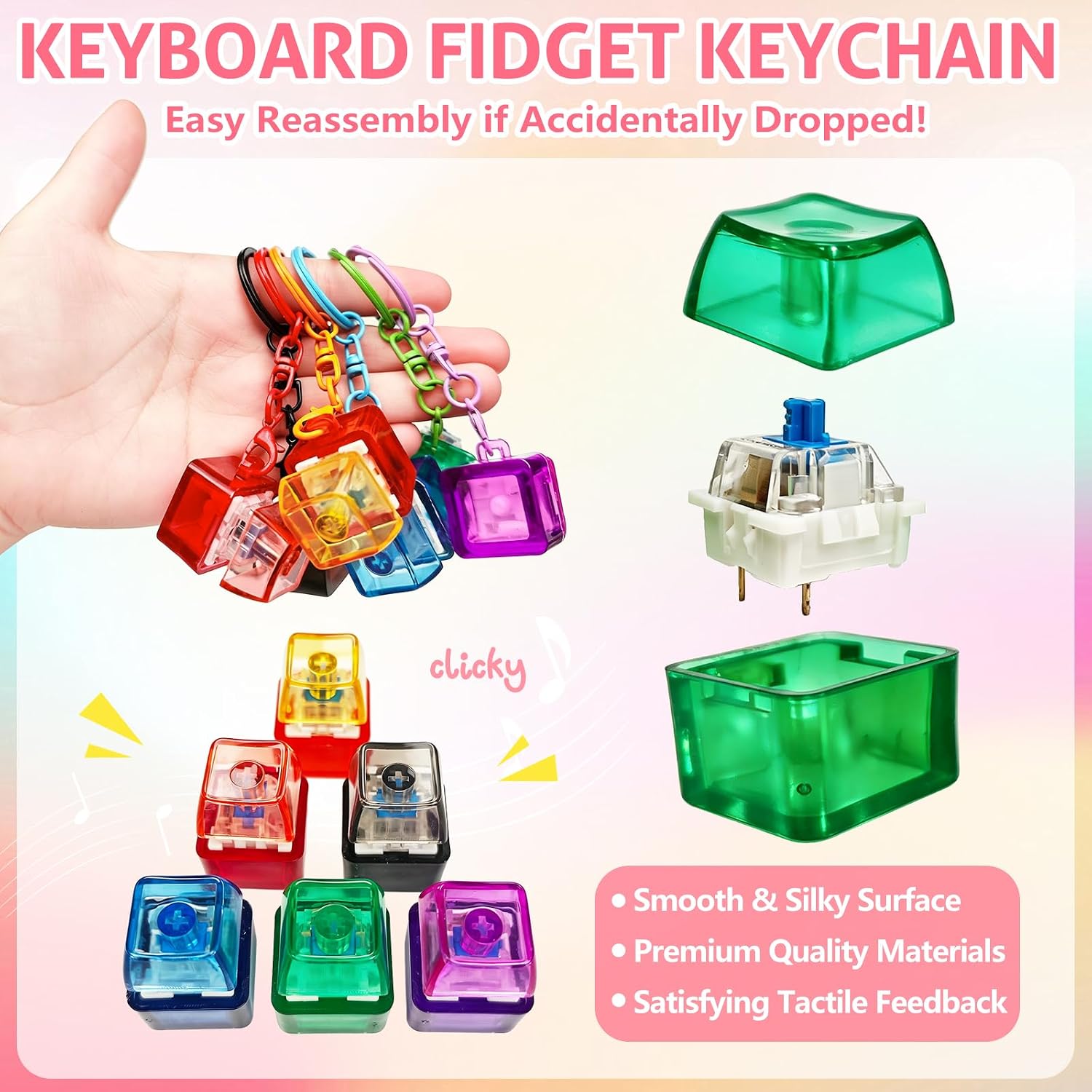 15 Pack Keyboard Clicker Fidget Keychain, 5 Colors Keycap Fidget Toy, Silent Click Button Sensory Toy, Portable Stress Anxiety Relief Fidget Toys