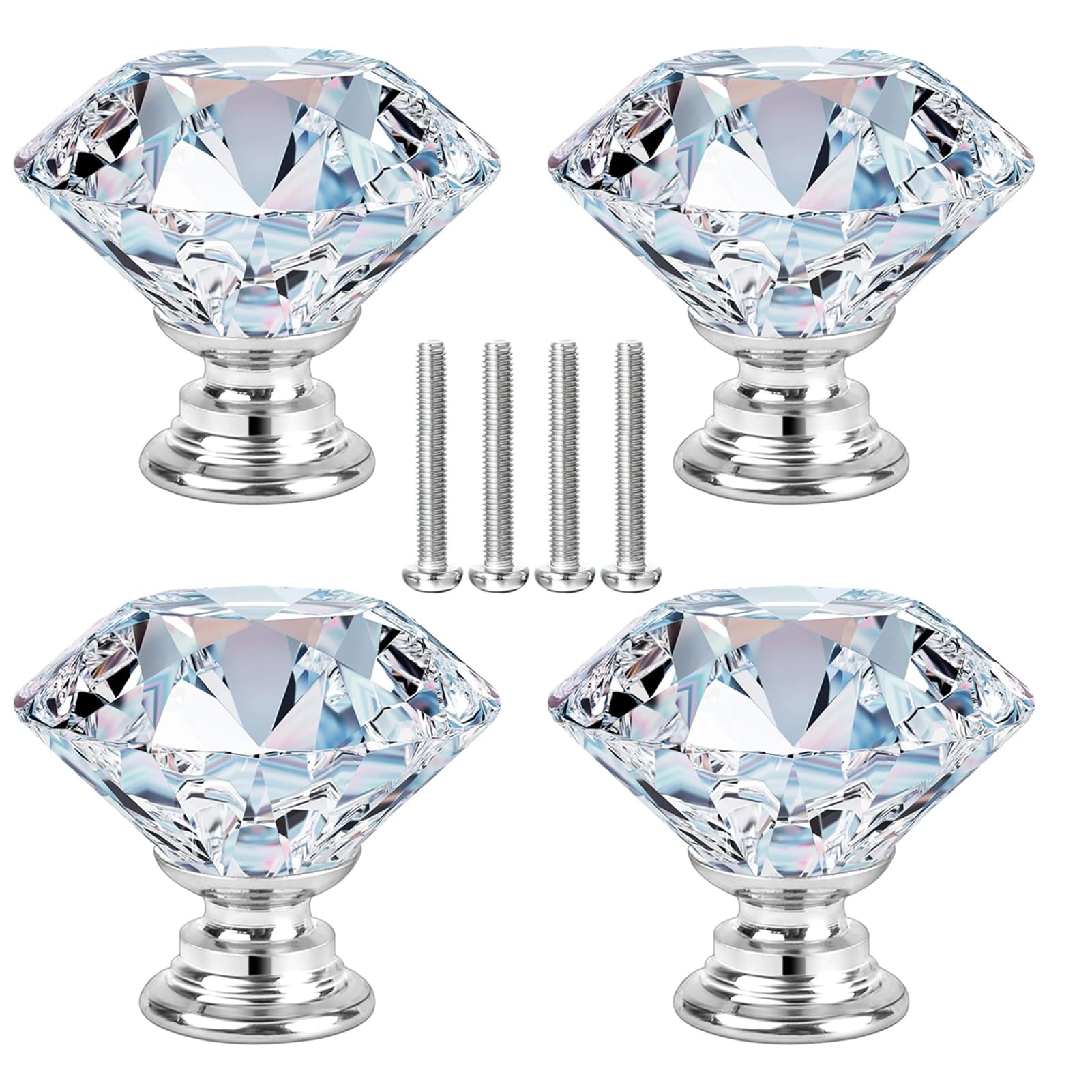 Fzcyuoo 4pcs Crystal Knobs, 20mm Diamond Drawer Cabinet Door Pull Crystal Door Handles with 4 Lengths of Screws for Cupboards Wardrobes Drawers Home Decoration(Silver)